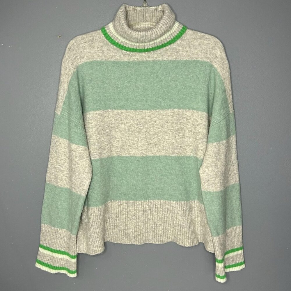 J Crew Sweater Womens M Gray Green Striped Turtleneck Supersoft Alpaca Wool